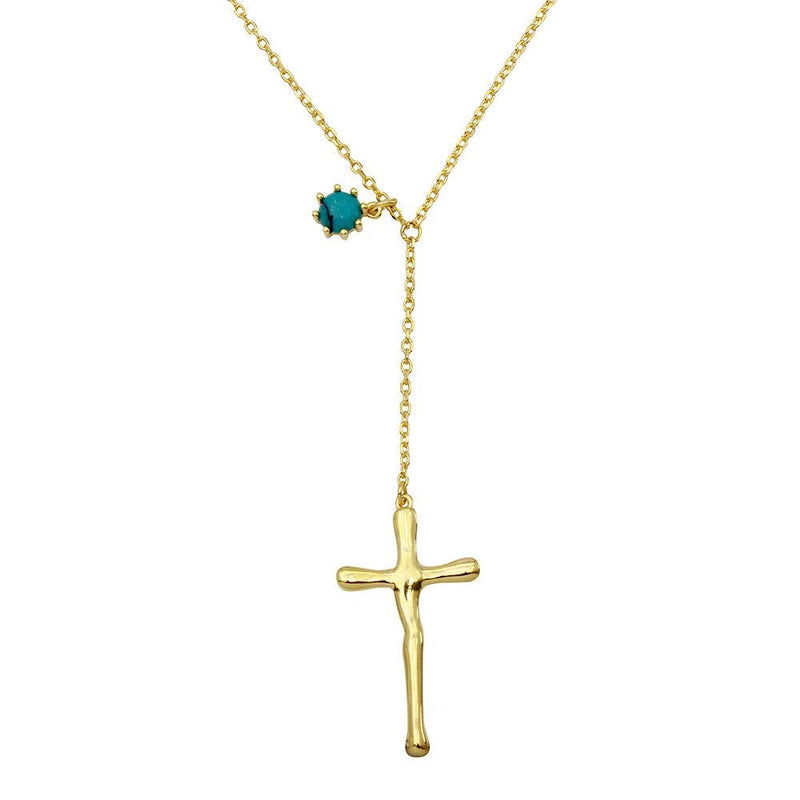 Silver 925 Gold Plated Cross Necklace with Turquoise Bead Charm - BGP01135 | Silver Palace Inc.