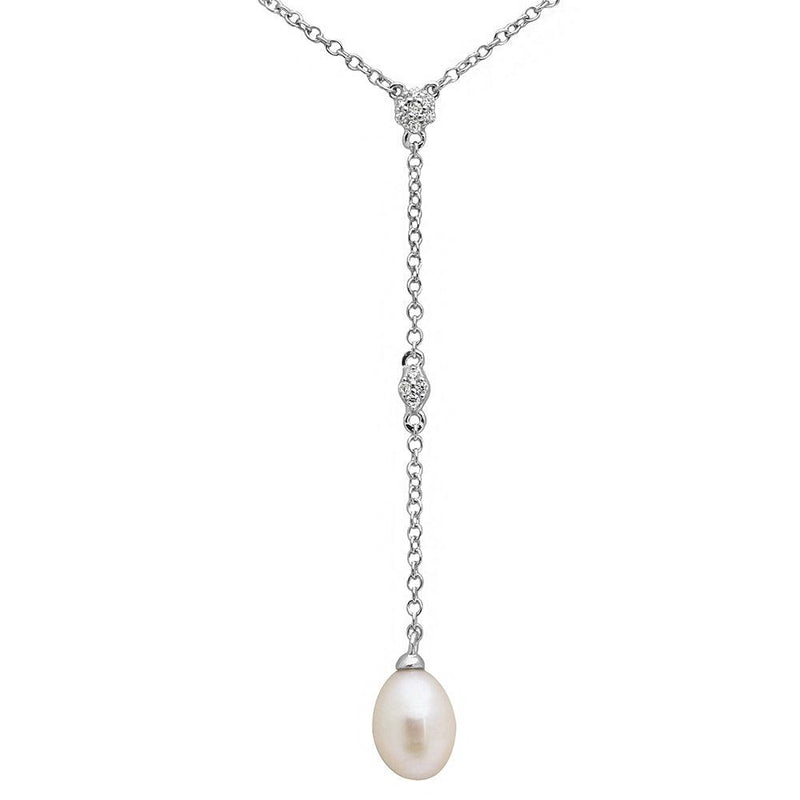 Silver 925 Rhodium Plated CZ Drop Fresh Water Pearl Necklace - BGP01138 | Silver Palace Inc.