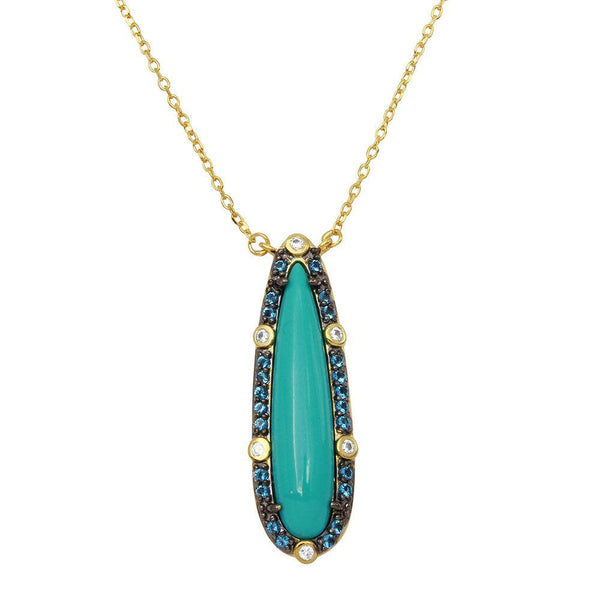 Silver 925 Gold Plated Tear Drop Turquoise Center Stone Necklace with CZ - BGP01140 | Silver Palace Inc.
