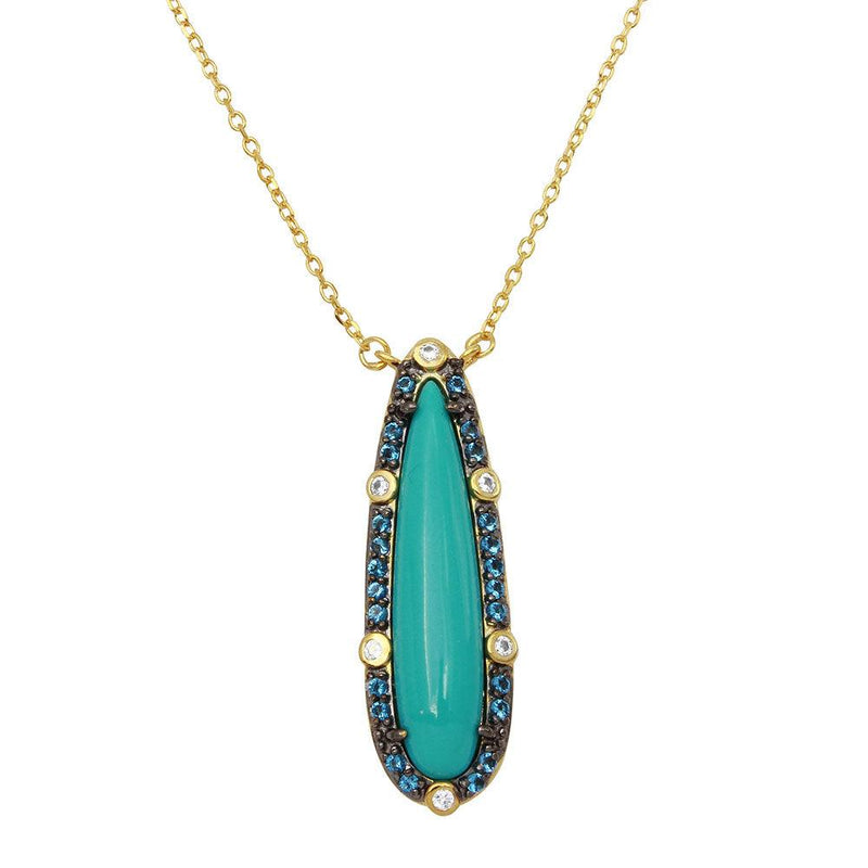 Silver 925 Gold Plated Tear Drop Turquoise Center Stone Necklace with CZ - BGP01140 | Silver Palace Inc.