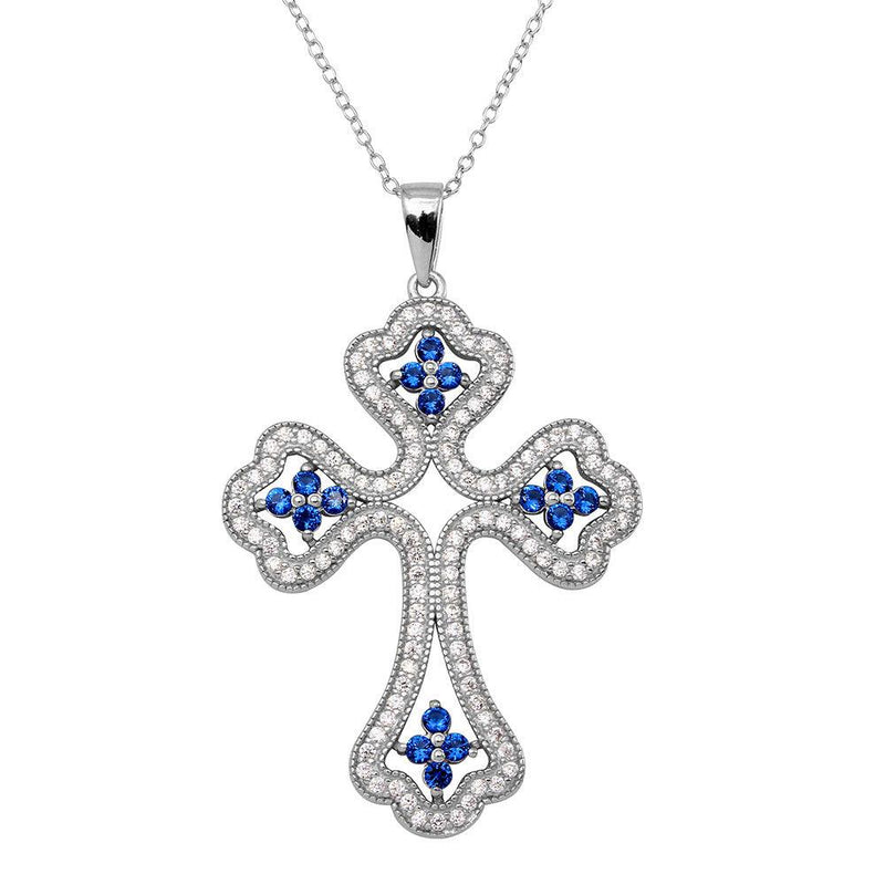 Silver 925 Rhodium Plated Clear and Blue CZ Encrusted Open Cross Necklace - BGP01141BLU