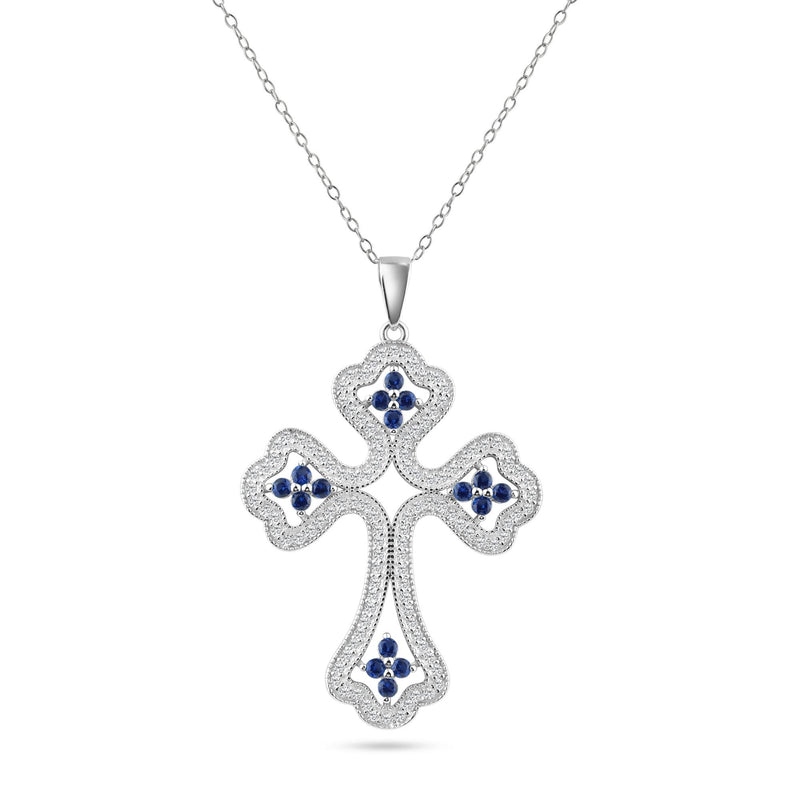 Silver 925 Rhodium Plated Clear and Blue CZ Encrusted Open Cross Necklace - BGP01141BLU | Silver Palace Inc.
