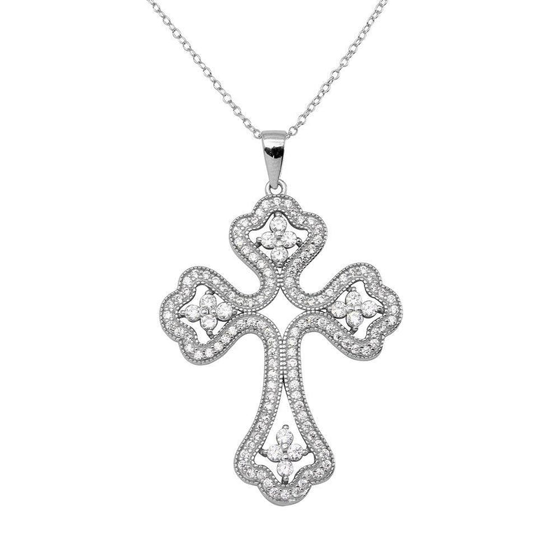 Silver 925 Rhodium Plated CZ Encrusted Open Cross Necklace - BGP01141CLR | Silver Palace Inc.
