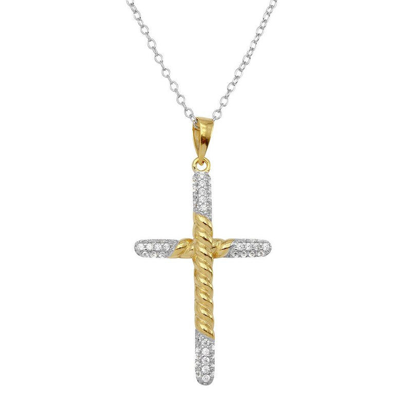 Silver 925 2 Toned Rope Cross Necklace with CZ Stones - BGP01143 | Silver Palace Inc.