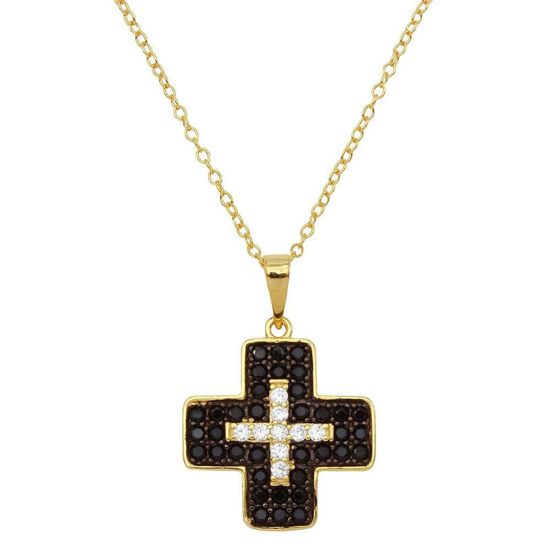 Silver 925 Gold Plated Black and Clear CZ Cross Necklace - BGP01146 | Silver Palace Inc.