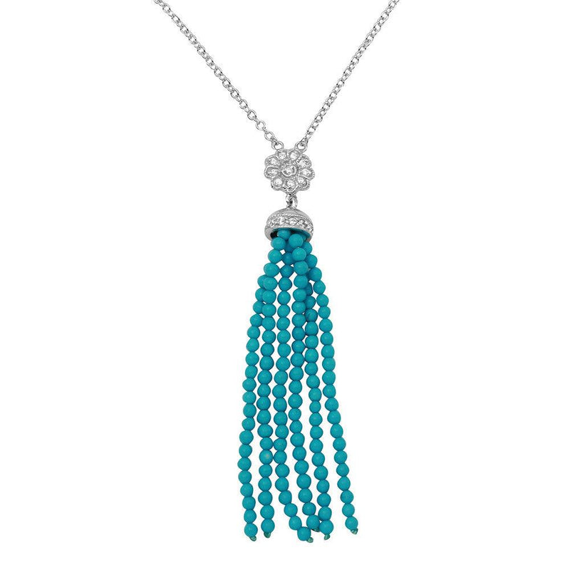 Silver 925 Rhodium Plated Flower Centered Turquoise Beads Strands Necklace - BGP01147 | Silver Palace Inc.