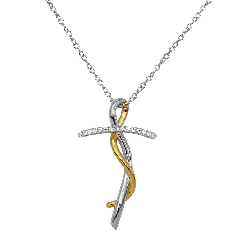 Silver 925 2 Toned Twisted CZ Cross Necklace - BGP01154 | Silver Palace Inc.