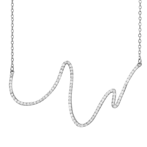 Silver 925 Rhodium Plated Wave Design with CZ Necklace - BGP01161RHD | Silver Palace Inc.