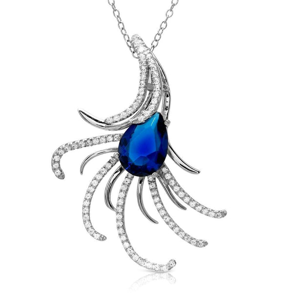 Silver 925 Rhodium Plated Swirl CZ Necklace with Blue Pearl CZ - BGP01173 | Silver Palace Inc.