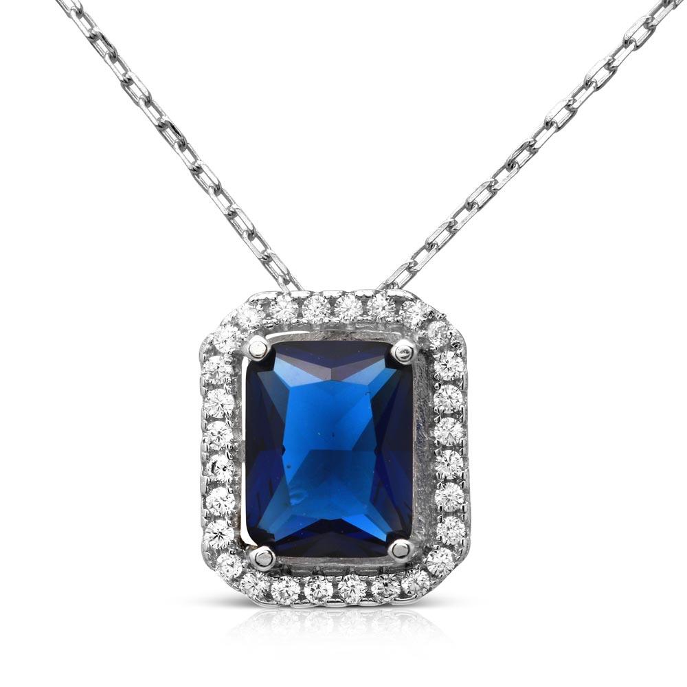 Silver 925 Rhodium Plated Blue Square Halo Pendant - BGP01174BLU