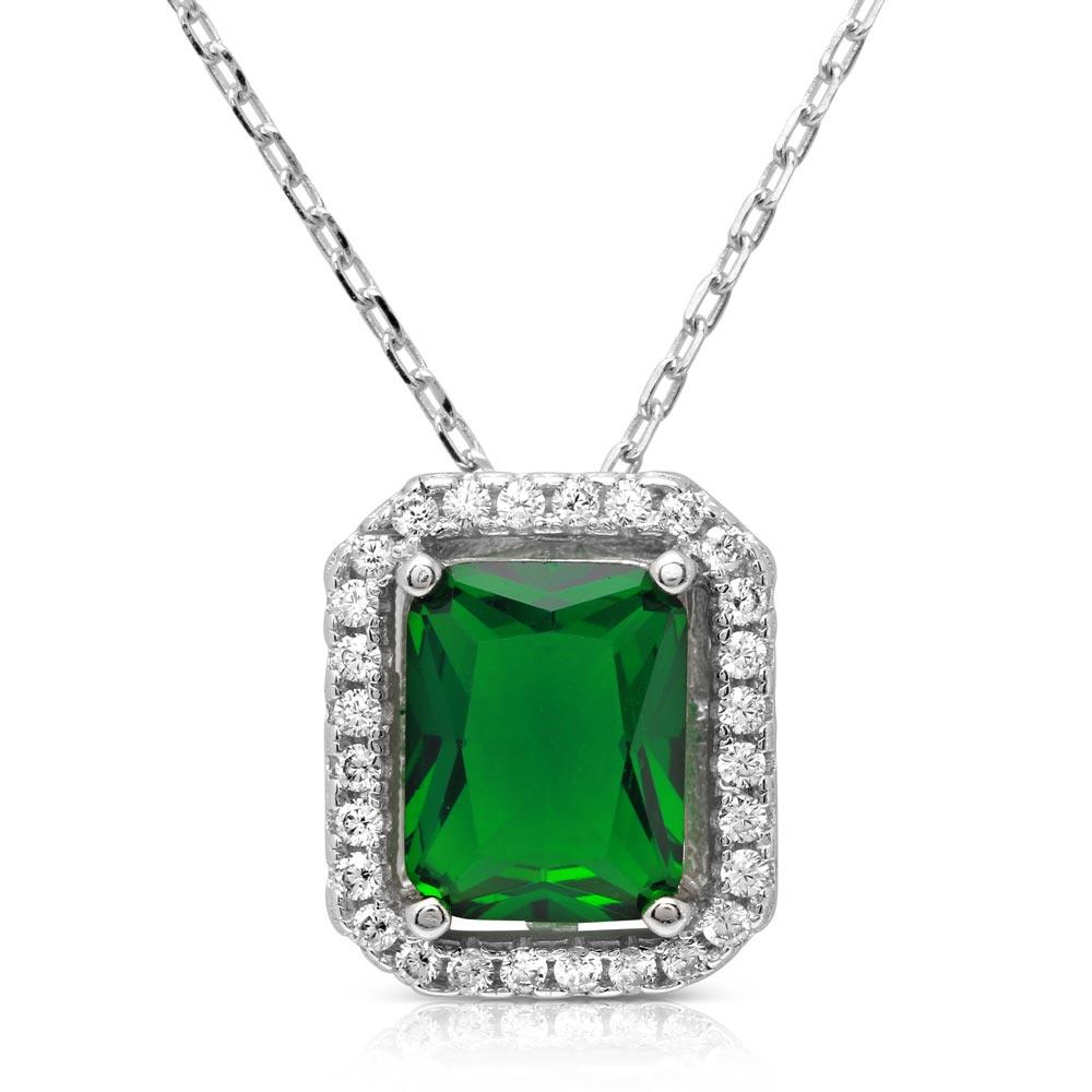 Silver 925 Rhodium Plated Green Square Halo Pendant - BGP01174GRN