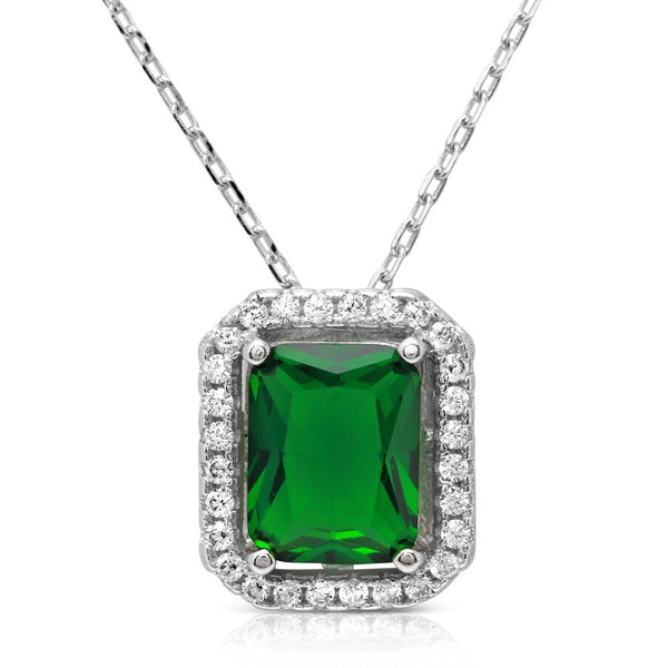 Silver 925 Rhodium Plated Green Square Halo Pendant - BGP01174GRN | Silver Palace Inc.