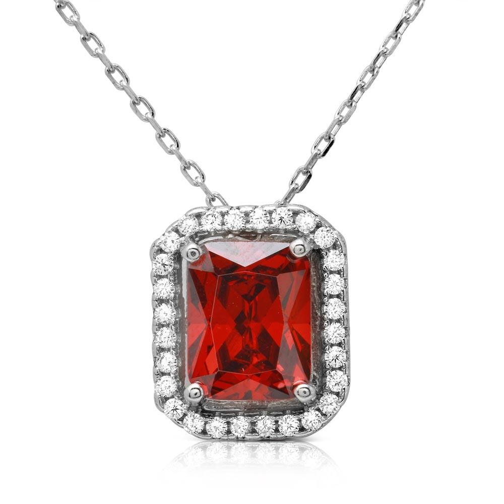 Silver 925 Rhodium Plated Red Square Halo Pendant - BGP01174RED | Silver Palace Inc.