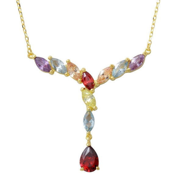 Silver 925 Gold Plated V Shaped Multi-Color Marquise CZ Necklace with Dangling Pearl CZ - BGP01185 | Silver Palace Inc.