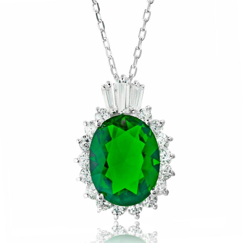 Silver 925 Rhodium Plated Oval Pave with Green Baguette Crown CZ - BGP01188GRN | Silver Palace Inc.