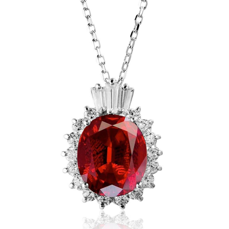 Silver 925 Rhodium Plated Oval Pave with Red Baguette Crown CZ - BGP01188RED | Silver Palace Inc.