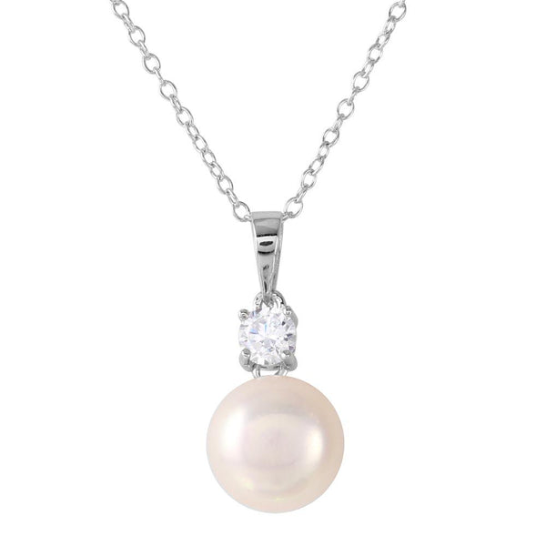 Silver 925 Rhodium Plated Round CZ with Dangling Pearl - BGP01192 | Silver Palace Inc.