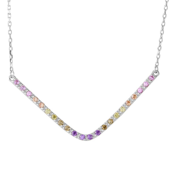 Silver 925 Rhodium Plated V Shaped Rainbow Multi Color CZ Necklace - BGP01194 | Silver Palace Inc.