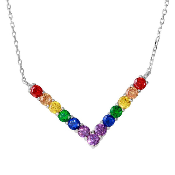 Silver 925 Rhodium Plated Thick V Shaped Rainbow Multi Color CZ Necklace - BGP01195 | Silver Palace Inc.