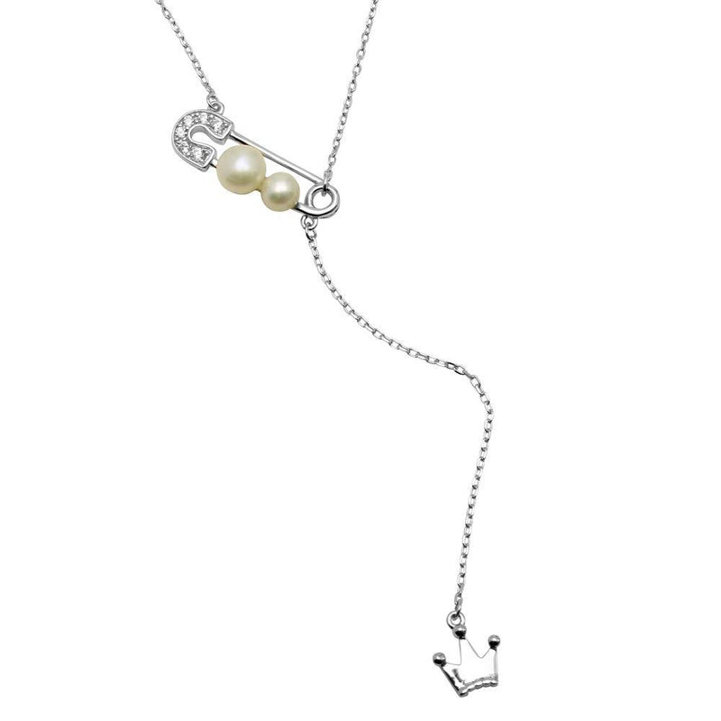 Silver 925 Rhodium Plated CZ Pin with Fresh Water Pearl Dropped Crown Necklace - BGP01204 | Silver Palace Inc.