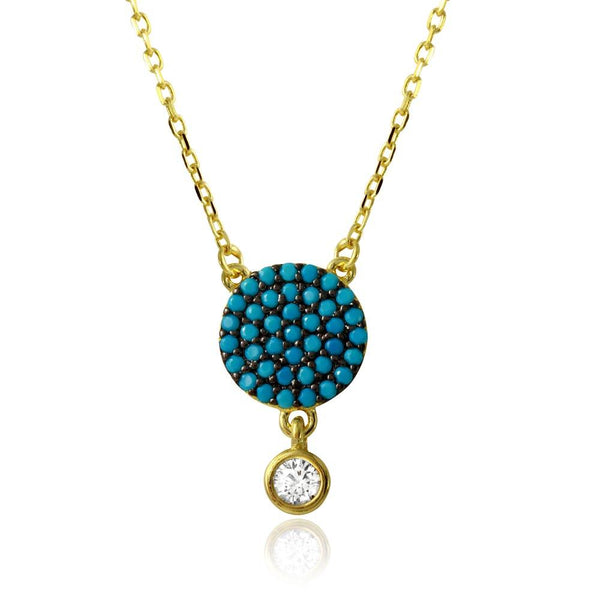 Silver 925 Gold Plated Circle Turquoise Bead Necklace with Dangling Round CZ - BGP01207 | Silver Palace Inc.