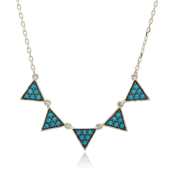 Silver 925 Rhodium Plated 5 Triangles with Turquoise Bead Necklace - BGP01210 | Silver Palace Inc.