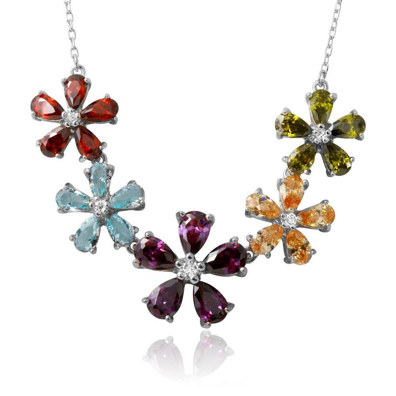 Silver 925 Rhodium Plated 5 Multi Color CZ Flower Necklace - BGP01212 | Silver Palace Inc.