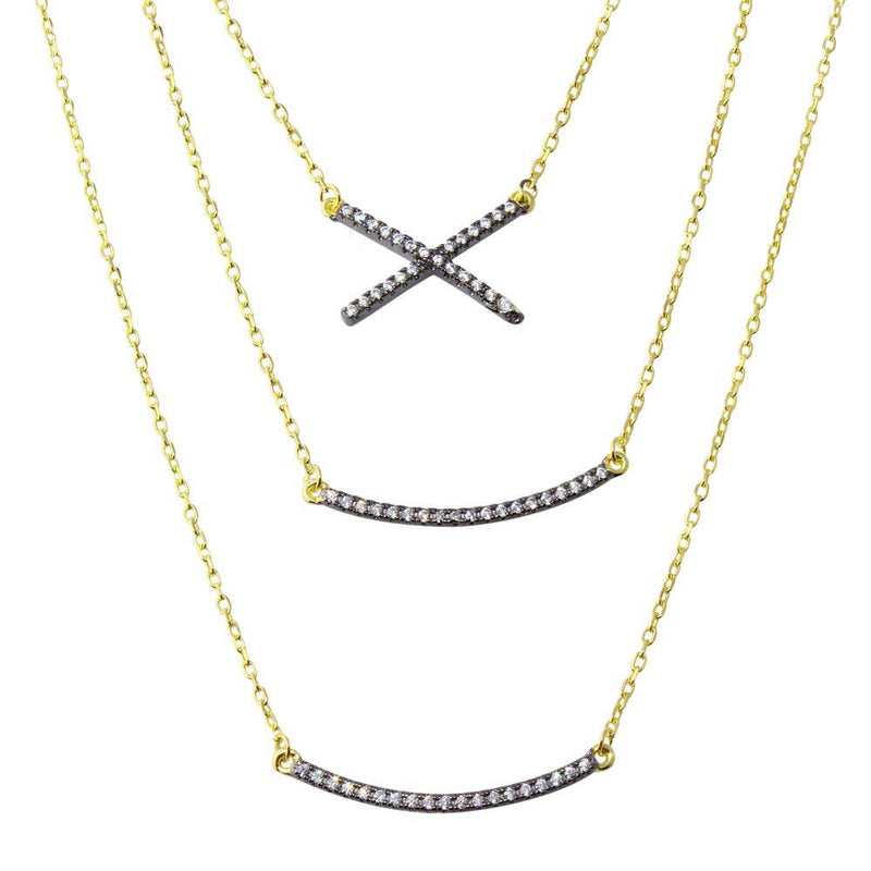 Silver 925 Gold Plated Triple Strand Necklace with CZ Curved Bar and CZ X - BGP01213 | Silver Palace Inc.