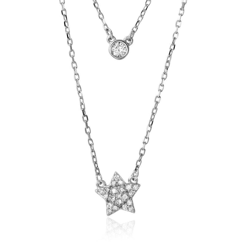 Silver 925 Rhodium Plated Double Strand Round CZ and CZ Star Necklace - BGP01216 | Silver Palace Inc.