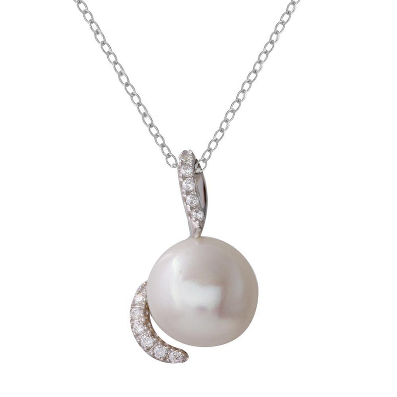 Silver 925 Rhodium Plated Fresh Water Pearl Necklace with Hooked CZ - BGP01220 | Silver Palace Inc.