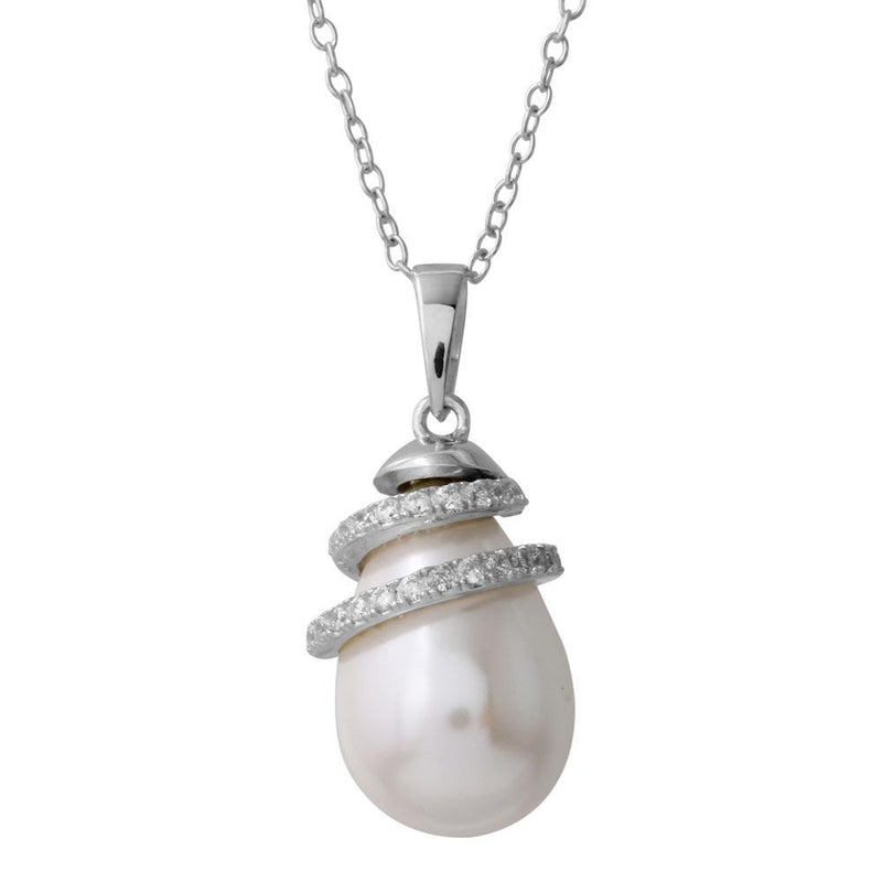 Silver 925 Rhodium Plated Fresh Water Pearl Necklace with Wrapped CZ - BGP01221 | Silver Palace Inc.
