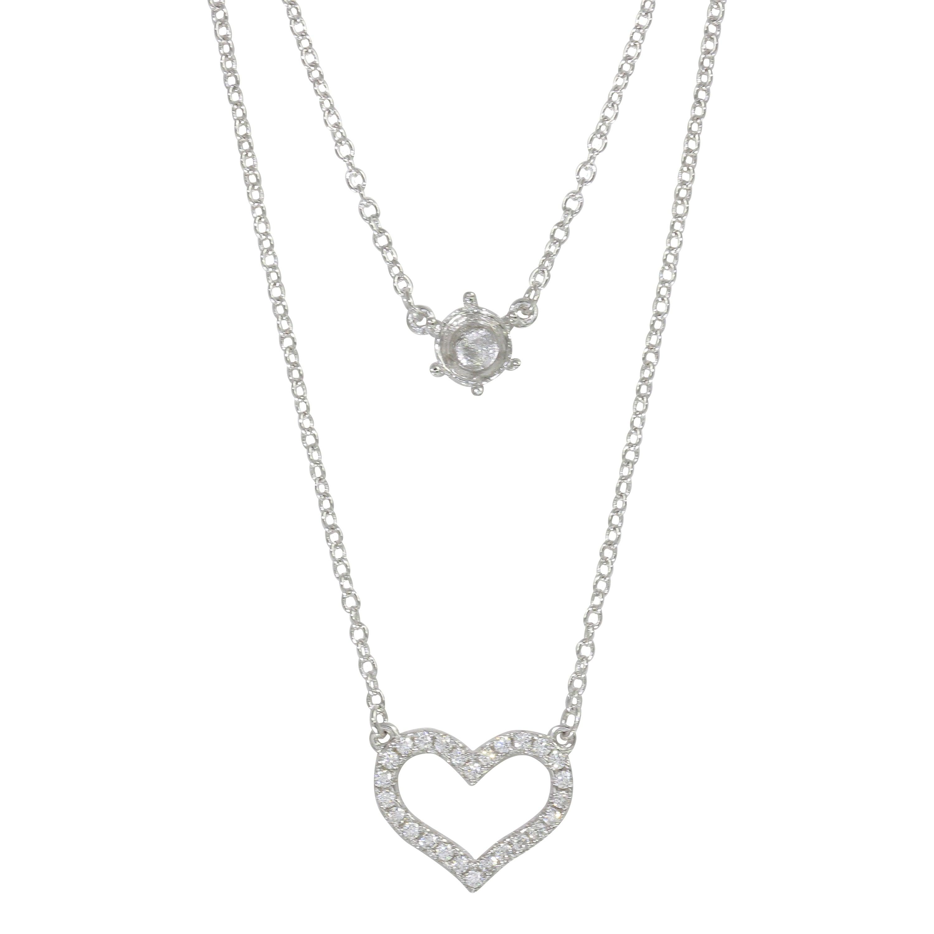 Silver 925 Rhodium Plated Double Chain Heart Necklace with Mounting Set - BGP01223 | Silver Palace Inc.