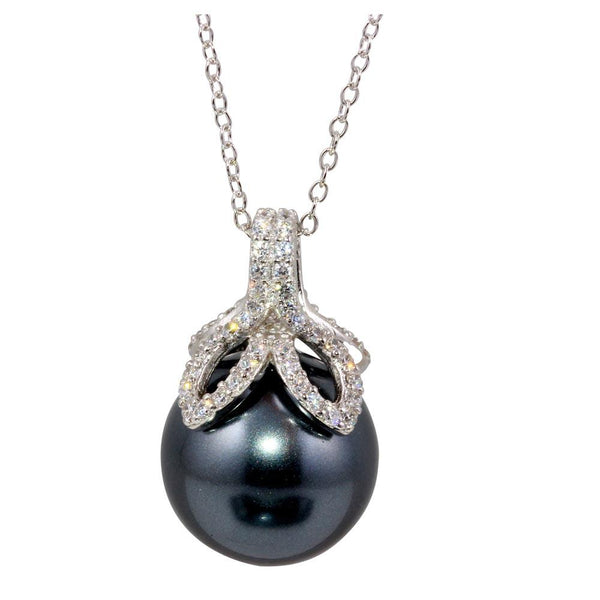 Silver 925 Rhodium Plated Grey Pearl Pendant Necklace with CZ - BGP01245 | Silver Palace Inc.