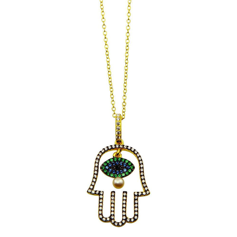 Silver 925 Gold Plated Hamsa Hand with Multi Color CZ Stones - BGP01246 | Silver Palace Inc.