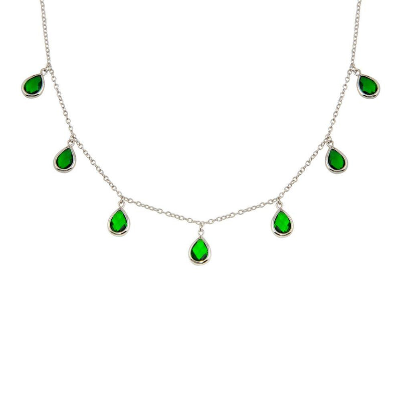 Silver 925 Rhodium Plated Dangling Green CZ Teardrop Necklace - BGP01250GRN