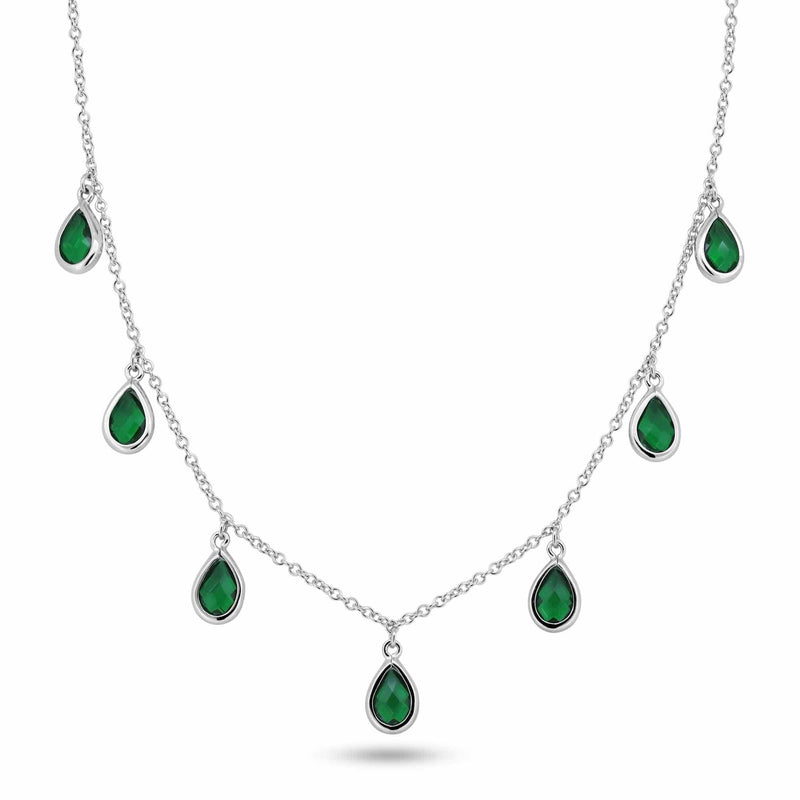 Silver 925 Rhodium Plated Dangling Green CZ Teardrop Necklace - BGP01250GRN | Silver Palace Inc.