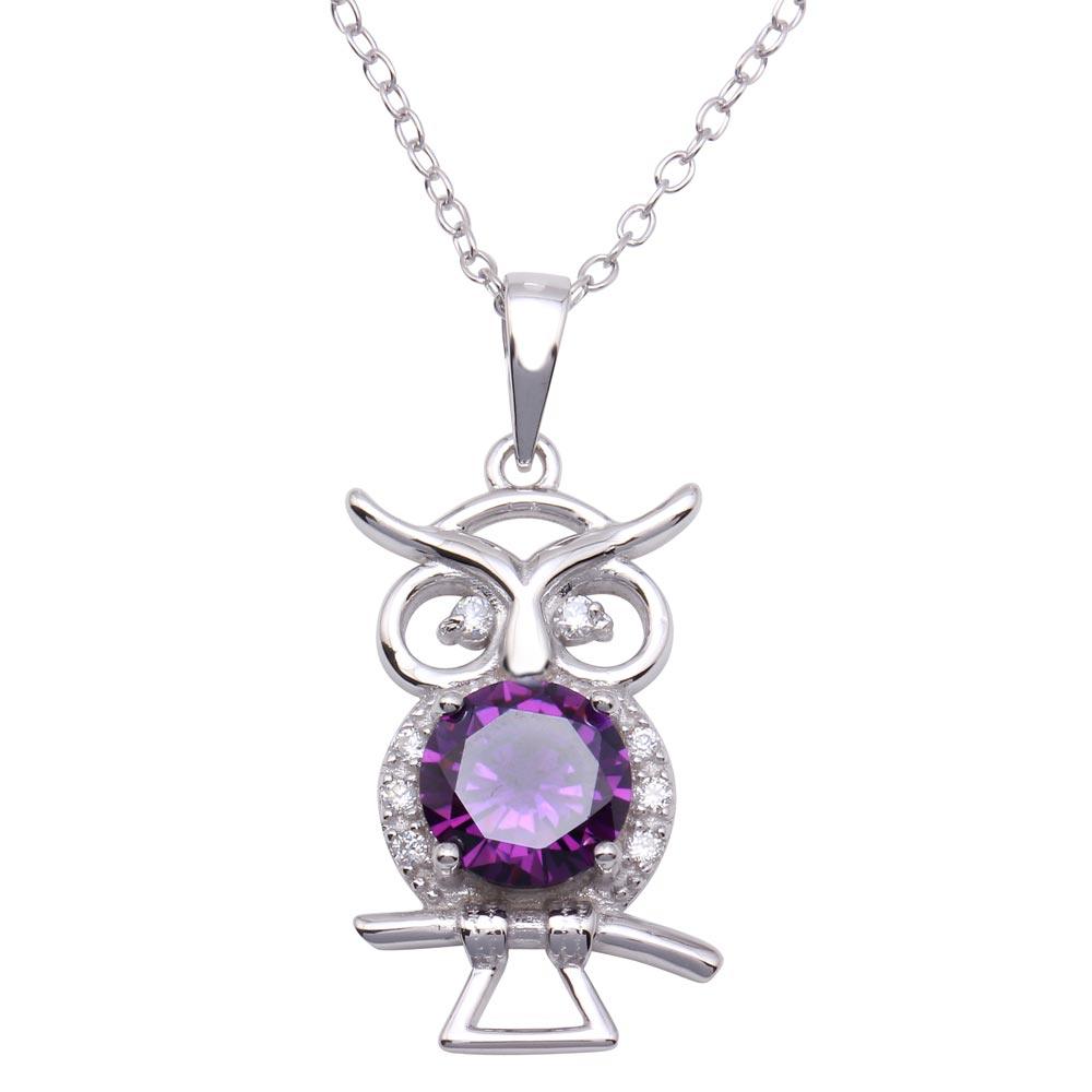Silver 925 Rhodium Plated Purple CZ Owl Necklace - BGP01253