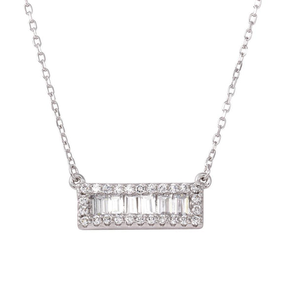 Silver 925 Rhodium Plated Bar Pendant Necklace with CZ - BGP01264 | Silver Palace Inc.