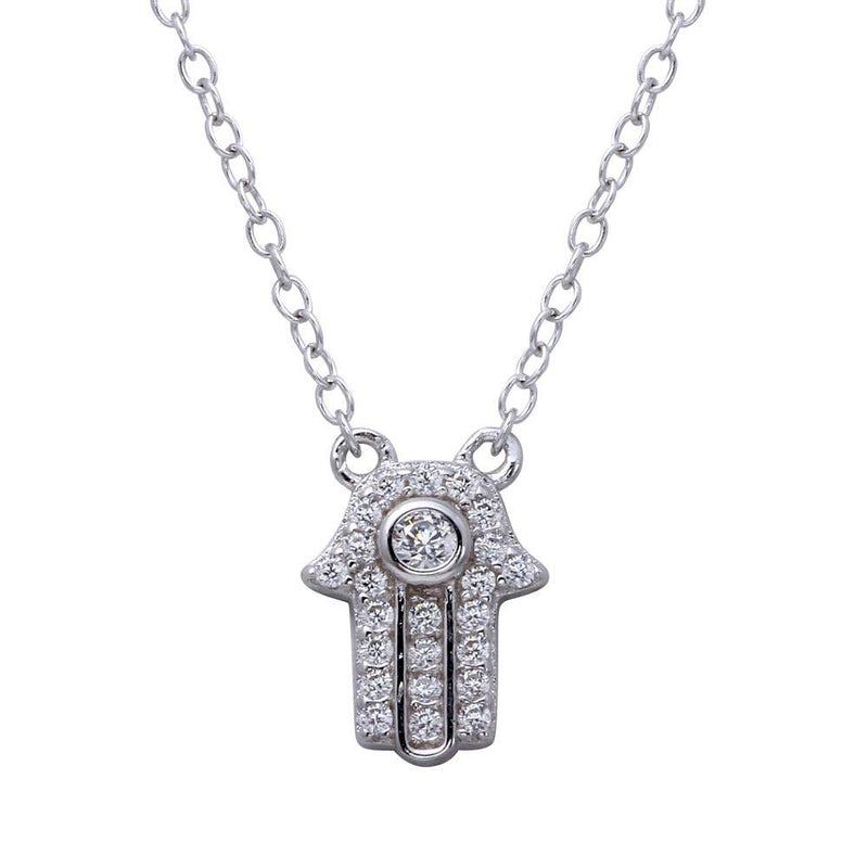 Silver 925 Rhodium Plated Mini Hamsa Pendant Necklace with CZ - BGP01267 | Silver Palace Inc.