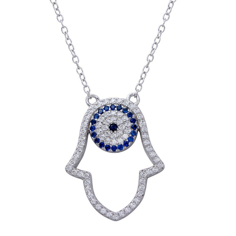 Silver 925 Rhodium Plated Hamsa Pendant Necklace with CZ - BGP01268 | Silver Palace Inc.