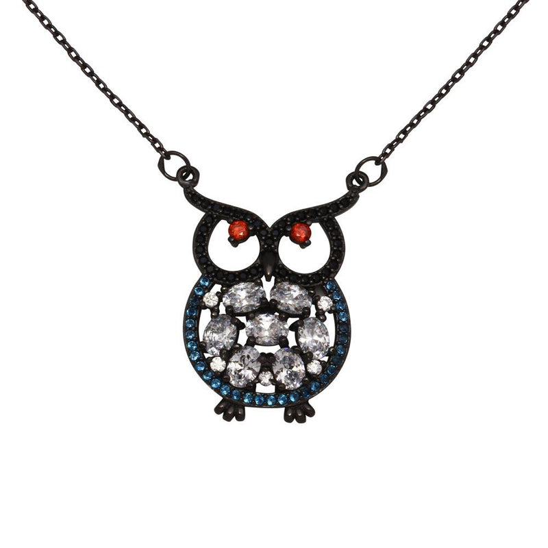 Silver 925 Black Rhodium Plated Multi-Colored Owl CZ Necklace - BGP01270 | Silver Palace Inc.