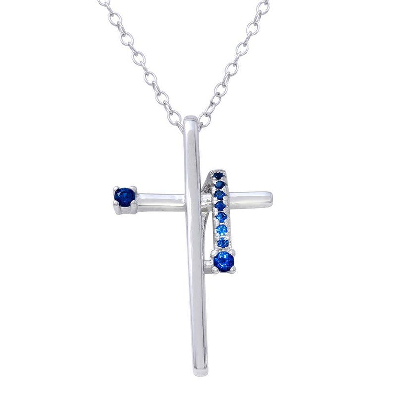 Silver 925 Rhodium Plated Blue CZ Designed Cross Necklace - BGP01273BLU | Silver Palace Inc.