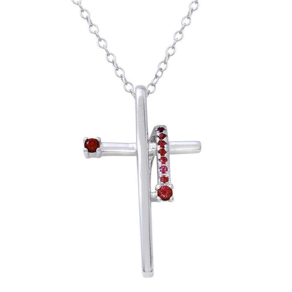Silver 925 Rhodium Plated Red CZ Designed Cross Necklace - BGP01273GAR | Silver Palace Inc.