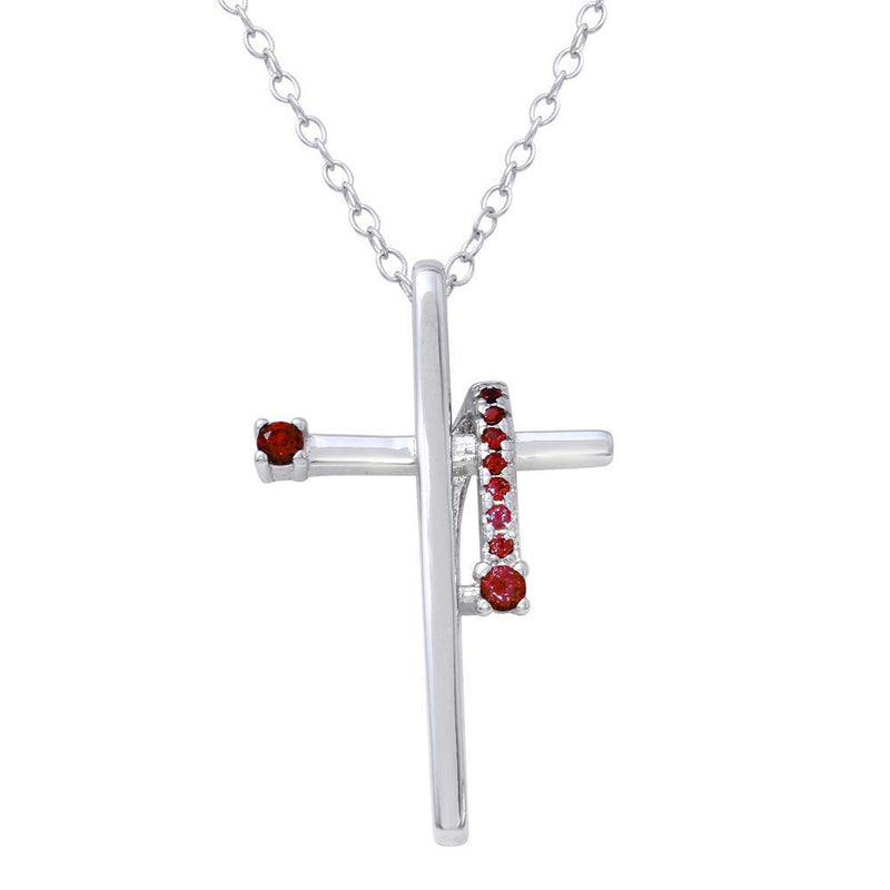 Silver 925 Rhodium Plated Red CZ  Designed Cross Necklace - BGP01273GAR | Silver Palace Inc.