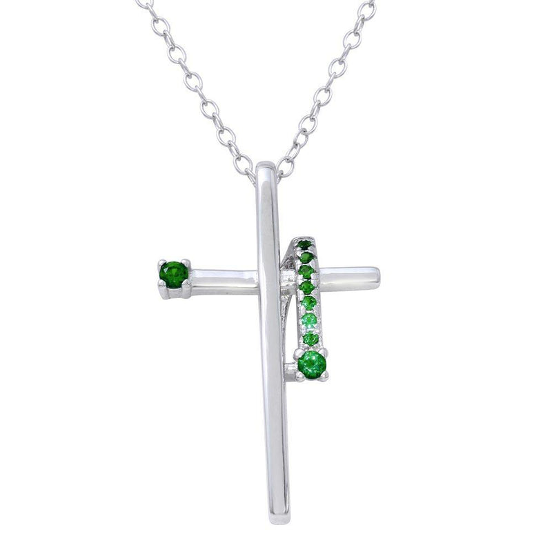 Silver 925 Rhodium Plated Green CZ Designed Cross Necklace - BGP01273GRN | Silver Palace Inc.