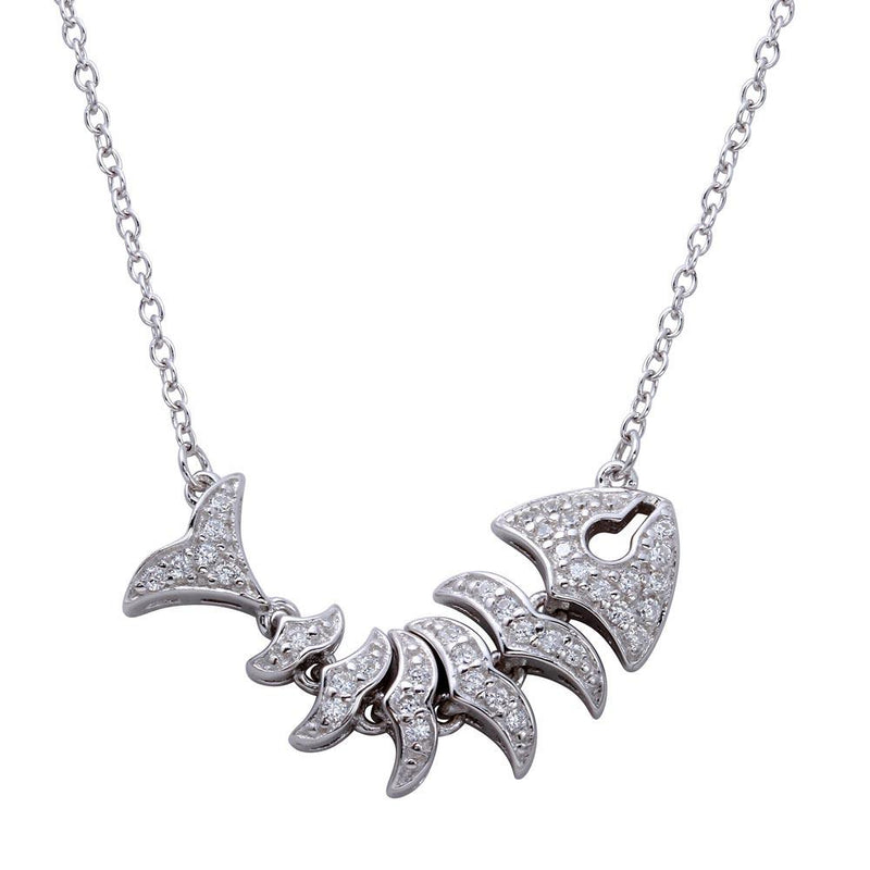 Silver 925 Rhodium Plated Fish Skeleton Pendant Necklace - BGP01274 | Silver Palace Inc.