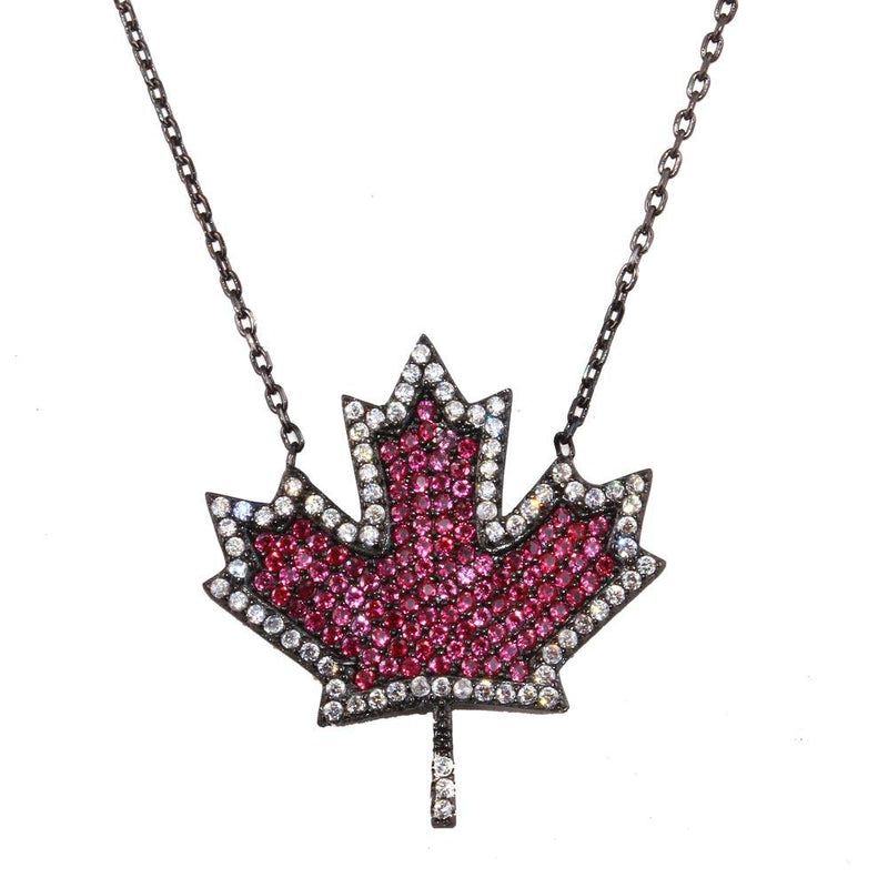 Silver 925 Black Rhodium Plated Maple Leaf Pendant Necklace with CZ - BGP01278BS | Silver Palace Inc.