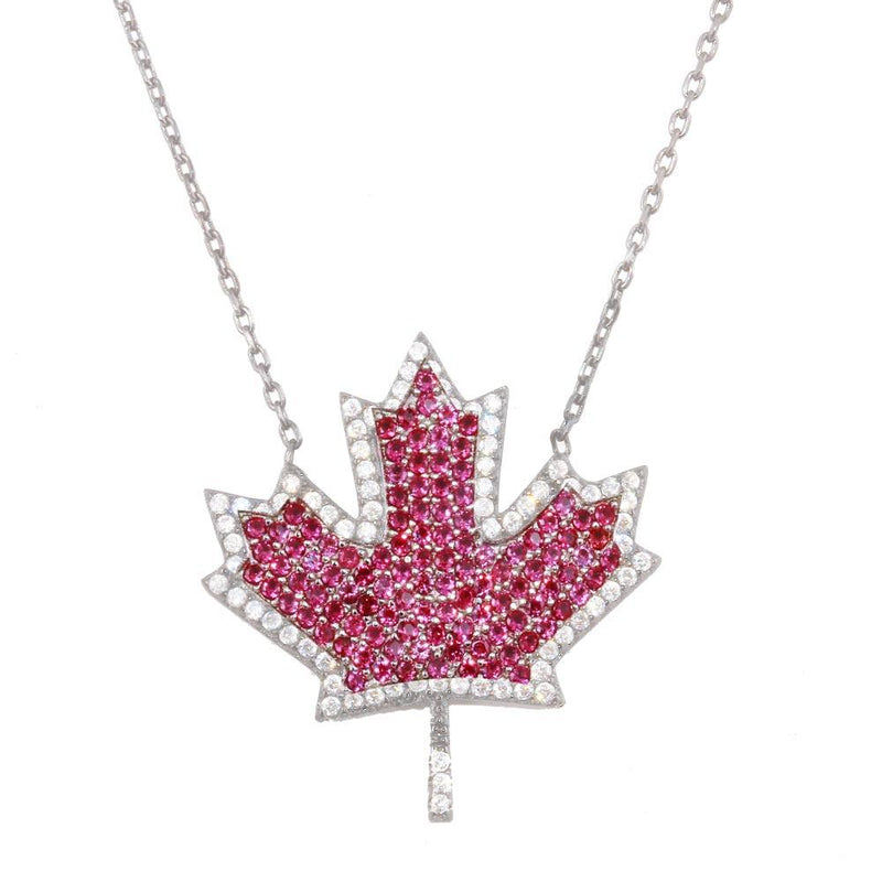 Silver 925 Rhodium Plated Maple Leaf Pendant Necklace with CZ - BGP01278RHD | Silver Palace Inc.