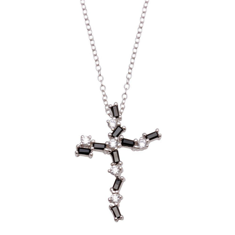 Silver 925 Rhodium Plated Crooked Cross Pendant Necklace with Black and Clear CZ - BGP01285 | Silver Palace Inc.