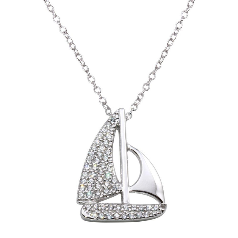 Silver 925 Rhodium Plated CZ Sailboat Necklace - BGP01289 | Silver Palace Inc.